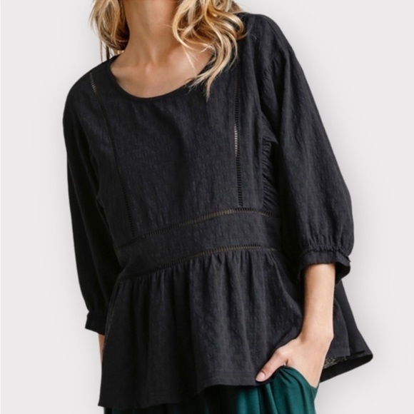 Umgee Tops - 🌸Boho Drop Waist Puffy Sleeved Black Top in Cotton.  1 Sm, 1 Med, 1 Lrg